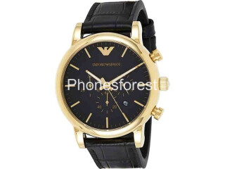 Emporio Armani Mens Quartz Leather Strap Black Dial 46mm Watch